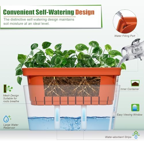 OurWarm Windowsill Herb Planter Box Indoor Set of 3, 10.5 Inch Self Watering Planter Pots with Visual Water Level Window, Modern Plastic Plant Pots for Herbs, Vegetables, Succulents Plants - Image 2