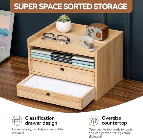 KIRIGEN Wooden Desk Organizer with 2 Drawers and Top Tray, Natural 3D2C-NA - Image 3