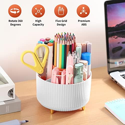 Desk Pencil Pen Holder, 5 Slots 360°Degree Rotating Pen Organizers for Desk, Desktop Storage Stationery Supplies Organizer, Cute Pencil Cup Pot for Office, School, Home, Art Supply, White - Image 2