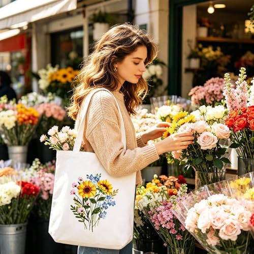 Vigdit Canvas Tote Bag Embroidery Kit for Beginners, Needlepoint Cross Stitch Kit for Adult Beginner, DIY Reusable Grocery Bags Embroidery Starter Kit with Stamped Floral Tools & Instructions - Image 4