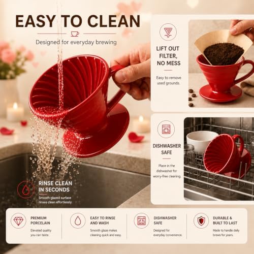 Pour Over Coffee Dripper - Ceramic Pour Over Coffee Maker Cone, Porcelain Coffee Drip, Pour Over Single Cup, Manual Brew Maker for Home, Cafe, Office - 1-4Cup, V60 Size 02 (Red) - Image 4