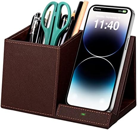 Pen Holder with Wireless Charger, Compatible with iPhone 17/16/15/14/13/12/11/8 Series, Pencil Holder Phone Stand for Desk Home Office, Men Gift Husband Wife Anniversary Dad Birthday Idea Gadget by wirelessfuturecharger