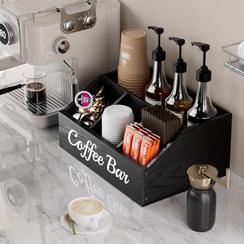 Coffee Station Organizer for Countertop – Wooden Coffee Bar Organizer with Adjustable Dividers,Holds K Cup Pod & syrup bottles, for Kitchen, Office, or Bar and Tea Station, Black - Image 2