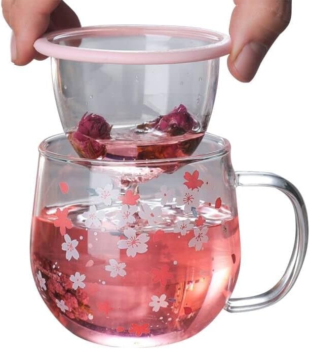Sakura Glass Mug with Tea Infuser Filter and Lid Romantic Cherry Blossom Cup Tea Coffee Flower Tea Mug 300ml Gifts for Girls Women by Jianghehaihai