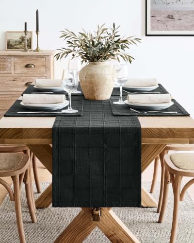 ZeeMart Linen Checked Farmhouse Table Runner, 13x60 Inches Black - Image 2