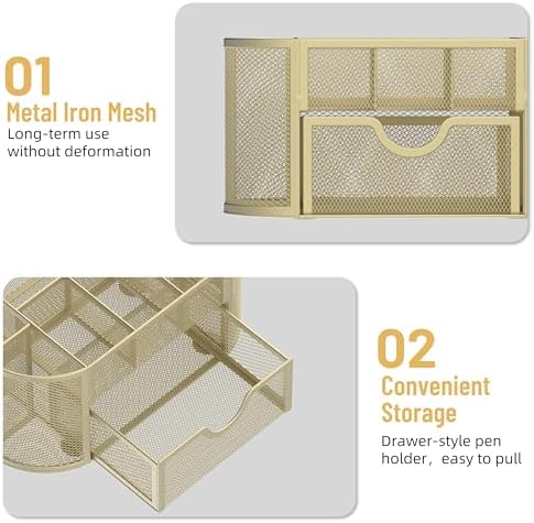 SUPEASY Mesh Desk Organizer, Desk Accessories & Workspace Organizers with Drawers, Pencil Holder for Desk with 9 Compartments for Office Suppliess, 8.6 x 4.3 x 4.1 Inch, Yellow - Image 5
