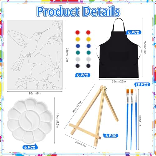 Motipuns 6 Set Pre Drawn Canvas for Painting for Adults Sip and Paint Kit with Easels 8 x 10 Inches Paint Party Kit with Printed Canvas Paints Brushes Palette Apron(Hummingbird) - Image 2