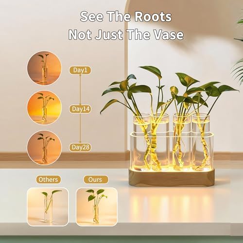 Plant Propagation Station with LED Grow Lights, 4 Glass Tubes & Oak Stand - Image 4
