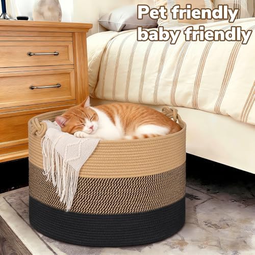 CherryNow 22"x22"x14" Large Blanket Basket, Home Décor for Living Room Bedroom, Decorative Wicker Woven Basket for Clothes, Toy Storage Basket for Kids, Camel Mix & Black - Image 5