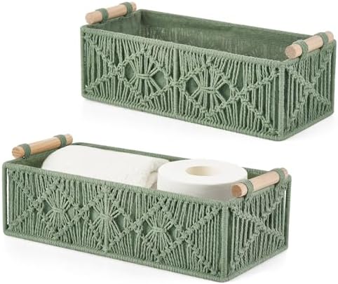 Mkono 2Pc Macrame Storage Basket, Boho Decor Toilet Paper Organizer, Green by Mkono
