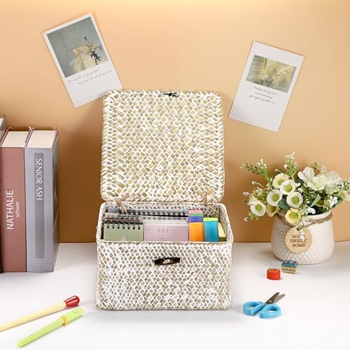 Hipiwe Handwoven Seagrass Basket with Lid Square Wicker Basket Storage Bin - Image 6
