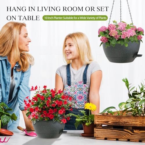 10 Inch Hanging Baskets 2 PC with Chains, Self-Watering Hanging Planters for Indoor Outdoor Plants, Plastic Hanging Flower Pots,Black with Green Speckles - Image 6