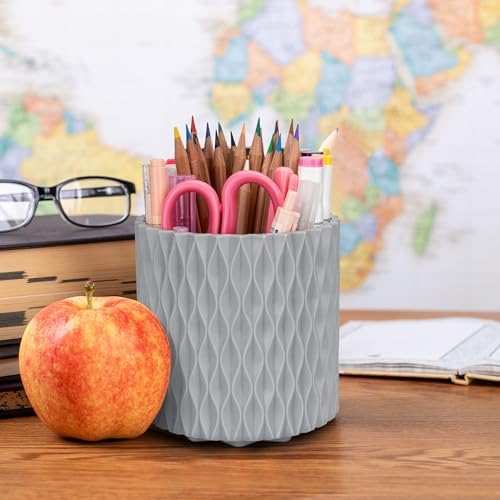 Pencil Holder - 360° Rotation, 5 Slot Desk Supplies For Women Office Aesthetic. Pencil Holder For Office&School, Desk Accessories(Grey) - Image 4