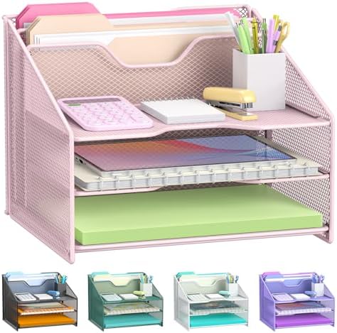 Samstar Pink Desk File Organizer, Mesh Letter File Folder Holder with 3 Paper Trays and 2 Vertical Upright Section, for Office Supplies, Desk Accessories & Workspace, Pink by Samstar