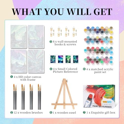Camocin 4 Pack Framed Paint by Numbers Kit for Adults with Wooden Easel - Image 4