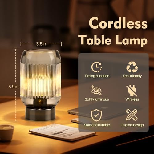 Small Battery Operated Lamp with Timer, Ribbed, Black - Image 2