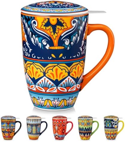 vancasso 18 Oz Tea Infuser Mug with Lid, Amber Iris Bloom by vancasso