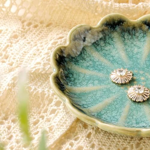 Lotus Ring Holder Dish Small Indoor Ash Tray, Ceramic Dessert Plate Trinket Jewelry Holder Organizing Necklace Earrings for Parents Friends Sister, Deep Green. All Jewelries Are NOT Included. - Image 2