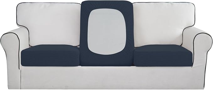 Easy-Going Stretch Individual Chair Couch Cushion Cover Sofa Cushion Furniture Protector Sofa slipcover Soft Flexibility with Elastic Bottom (3-Piece Sofa Cushion Cover, Dark Blue)