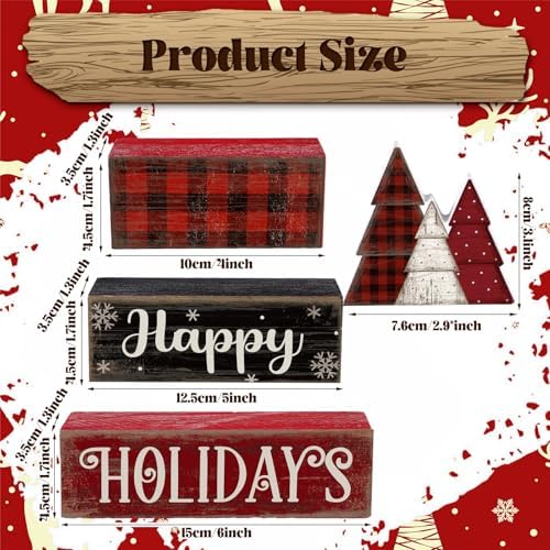 Moucuny 4 Pcs Wooden Block Signs Buffalo Plaid Holiday Farmhouse Decor - Image 3