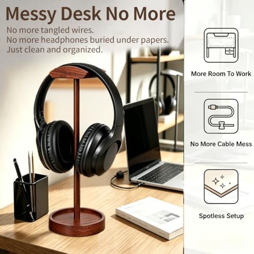 Headphone Stand Nature Wood Headset Hanger Mount Hook Gaming Holder Desktop Earphone Artful Functional Stand for All Headsets with Solid Wooden Base - Image 4