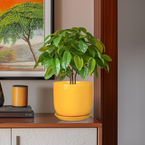 Ceramic Plant Pot 8 Inch - Decorative Modern Round Indoor Planter for Plants Flowers with Drainage Hole and Saucer, House Desk Office Home Decor, Yellow - Image 2