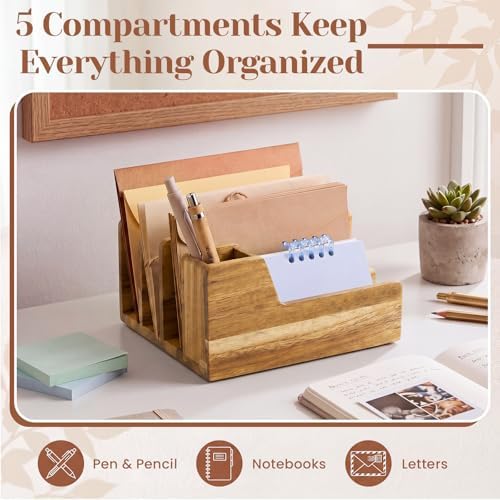 Novabright Acacia Wood Mail Organizer with Pen Holder, 5 Slot Desk File Organizer, Wooden Letter Sorter for Desk, Compact Desktop Document Holder for Home Office Storage Back to School - Image 3