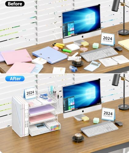 OPNICE Desk Organizers and Accessories, 4-Tier Desktop File Organizer with Drawer and Pen Holders, Office Desk Accessories Workspace Organizers for Office Supplies (Soft White) - Image 3