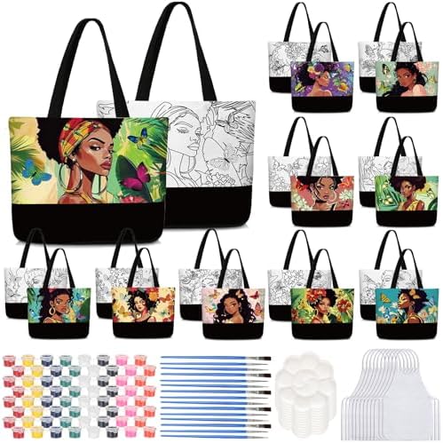 Locmeo 10 Set Paint and Sip Canvas Bags Pre Drawn Kit,Afro Queen by Locmeo