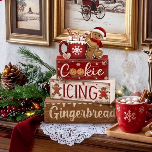 Moucuny 4 Pcs Christmas Table Decor Wooden Gingerbread Cocoa Block Signs - Image 2