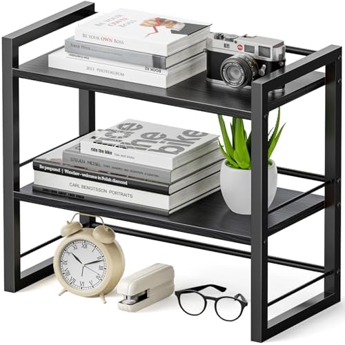 Office Desk Shelf Organizer, Wood Desktop Bookshelf Supplies Storage Rack, Shelf for Top of Desk and Dresser (Pure Black-2 Tier) by ART-GIFTREE