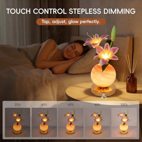 Lily Lamp Rechargeable Wireless Touch-Control Dimmable Faux Flower Desk Light, LED Glass Planet Vase Night Light, Kitchen Bedroom Office Decor, Housewarming Gift Women and Mom - Image 3