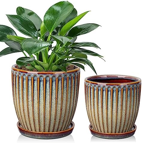 Oairse Ceramic Pots for Indoor Plants, 4.9 +5.7 inch Set of 2 Brown Plant Pots with Drainage Holes and Saucers Texture Ceramic Planters Indoor Outdoor Flower Planters for Succulent by Oairse