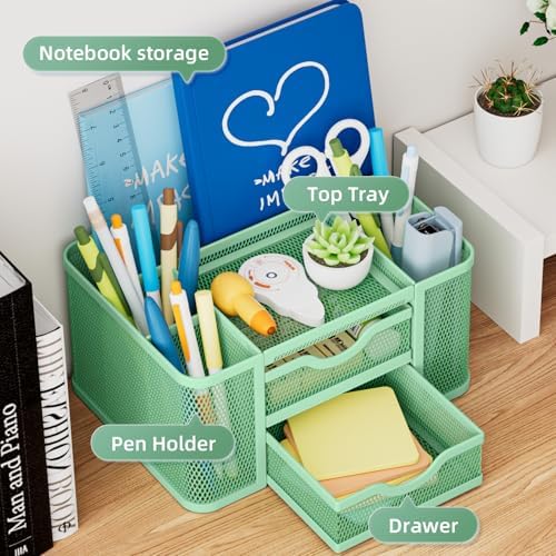 Marbrasse Mesh Desk Organizer, Pen Organizer with 2 Drawer, Multi-Functional Pencil Holder, Desk Organizers and Accessories with 5 Compartments + Drawer for Office Art Supplies (Green) - Image 2
