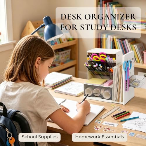 Desk Organizer with Drawer, Pen Holder with Slanted Pen Grooves White - Image 2