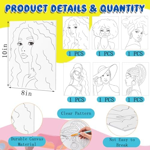 Affrolling 141 Pcs 6 Sets Afro Girl Paint and Sip Kit for Adults Pre Drawn Canvas Painting Set Valentine's Day Stretch Canvas Kit(Afro Girl) - Image 2