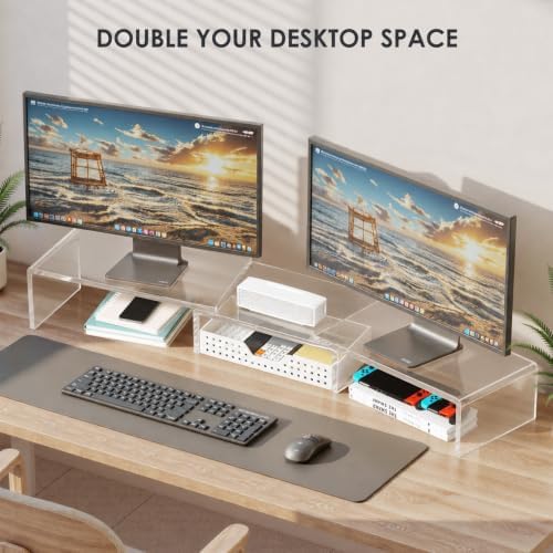 OPNICE Clear Acrylic Desk Organizers and Accessories, Dual Monitor Stand Riser with Drawer and 2 Pen Holders, Desk Shelf Printer Stand for Office Workspace Organizers, Desktop Organization (Transparent) - Image 6