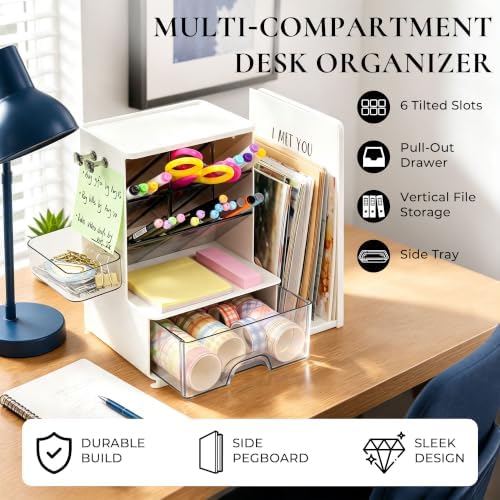 Desk Organizer with Drawer, Pen Holder with Slanted Pen Grooves White - Image 4