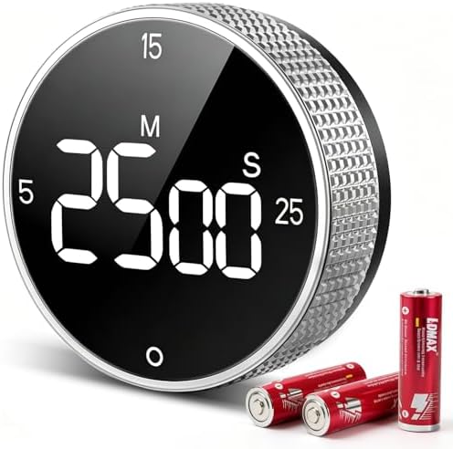 Digital Kitchen Timer with Magnetic, Large LED Display Countdown/Countup Timer, Pomodoro Preset 5/15/25 Mins, Volume & Brightness Adjustable for Cooking Baking Working Studying Silver by SmartTimingforEveryMoment