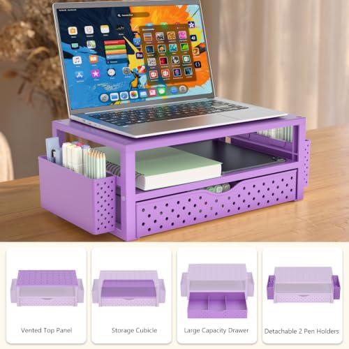 WALI Desk Organizer with Drawer and Pen Holder, 3 Tier Computer Monitor Stand for Home Office Supplies, Laptop Stand Riser for Computer, Laptop, Printer(PTT004-V), 1 Pack, Purple - Image 7