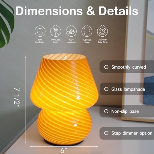 ULAROOM Battery Operated Mushroom Lamp-Vintage Small Table Lamps with Timer, Cordless Battery Powered Bedside Lamp for Bookshelf/Bedroom/Kitchen/Living Room/Shelf/Entryway Decor Aesthetic,Orange - Image 3
