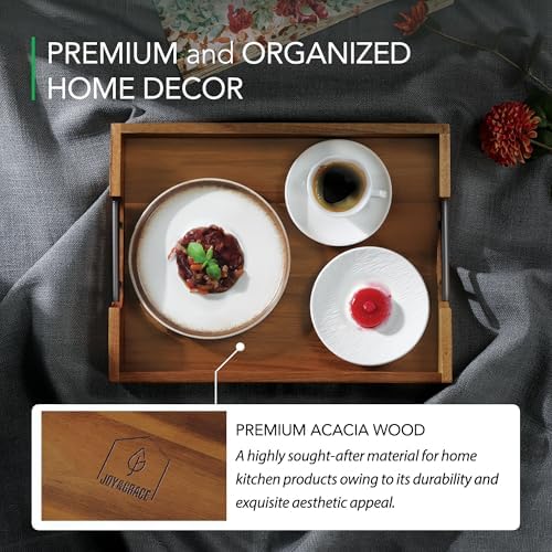 Joy&Grace Acacia Wood Ottoman Tray with Handles 16.7" x 12.8" - Image 4