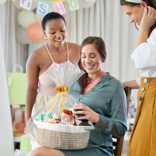2 Pack Small Woven Basket with Gift Bags and Ribbons, Empty Decorative Gift Chest Box, Cute Baby Gift Basket for Nursery, Cotton Rope Room Shelf Storage Basket with Handles, All 12"x 8"x 5",Brown - Image 3