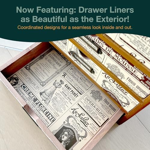 4-Drawer Vintage Ephemera Pattern Desktop Organizer - Arts and Craft Newspaper Design Desk Storage Cabinet - Ephemera Wood Shelf Drawers with Label Holders - Scrapbook Collecting - Image 3