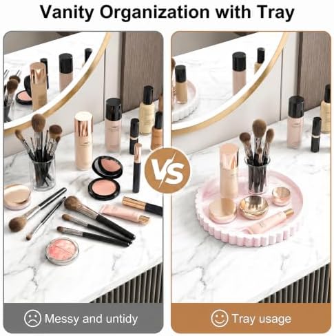 Silicone Bathroom Vanity Trays for Counter - 9.1 Inch Round Small Bathroom Tray with Scalloped Edge, Coffee Table Decor, Decorative Tray for Candle Key Skincare Perfume Storage, Marble White Pink - Image 4