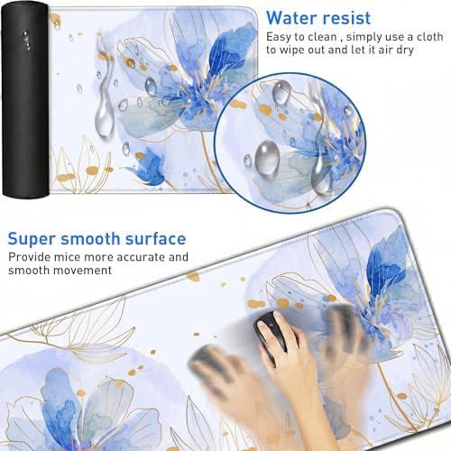 Blue Desk Mat, Aesthetic Floral Large Mouse Pad, 35.4 x 15.7 Inch XXL Keyboard Mat Non-Slip Waterproof Desk Pad, Full Desk Protector for Women Office Home - Image 4
