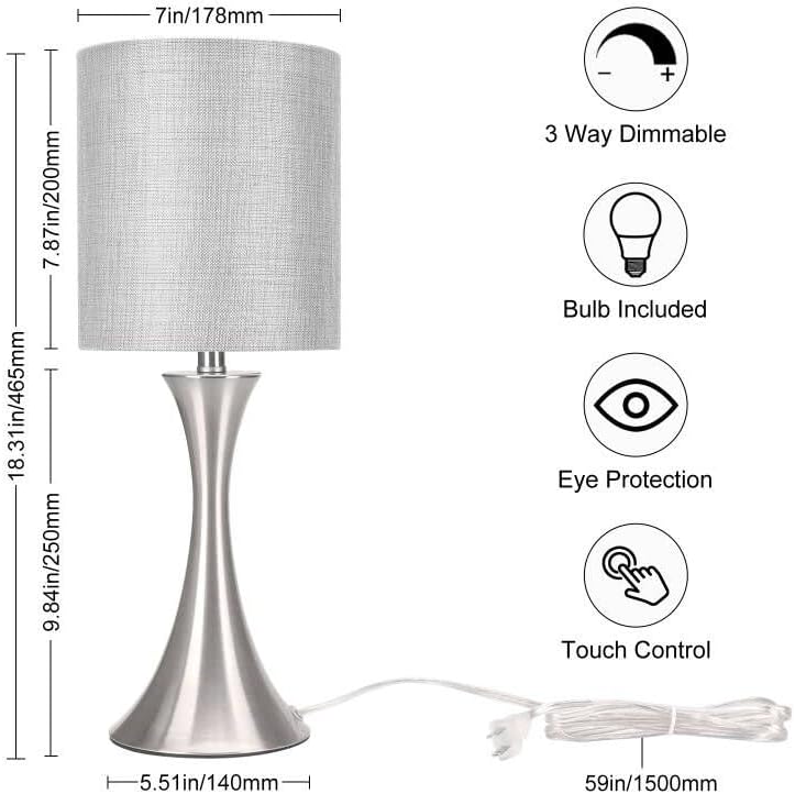 3 Way Touch Control Table Lamp, Dimmable Bedside Desk Lamp with Metal Base Modern Nightstand Lamp Stylish Grey Shade Simple Side Table Lamp for Bedroom, Living Room, Office or Den LED Bulb Included - Image 4