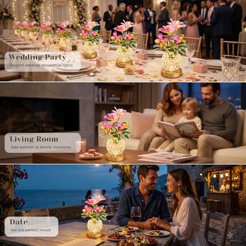 Flower Table Lamp, 3 Colors Touch Stepless Dimming Orchid Night Light, Rechargeable Artificial Flower Light, LED Flower with Vase Lamp Romantic Decor for Date Party Home (Pink - Cymbidium) - Image 5