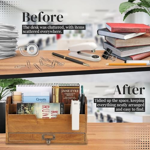 Flexzion 3 Tier Wooden Desk Organizer - Country Rustic Compartments Slot File Tray Pencil Sorter Shelf Holder Supplies Rack Accessories Set with Storage Drawer for Desktop Tabletop Office Home Brown - Image 5
