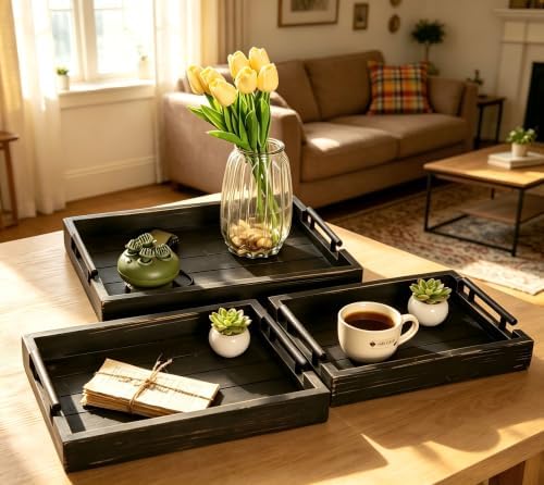 3Pc Rustic Black Vintage Nested Wood Serving Trays, Decorative - Image 4